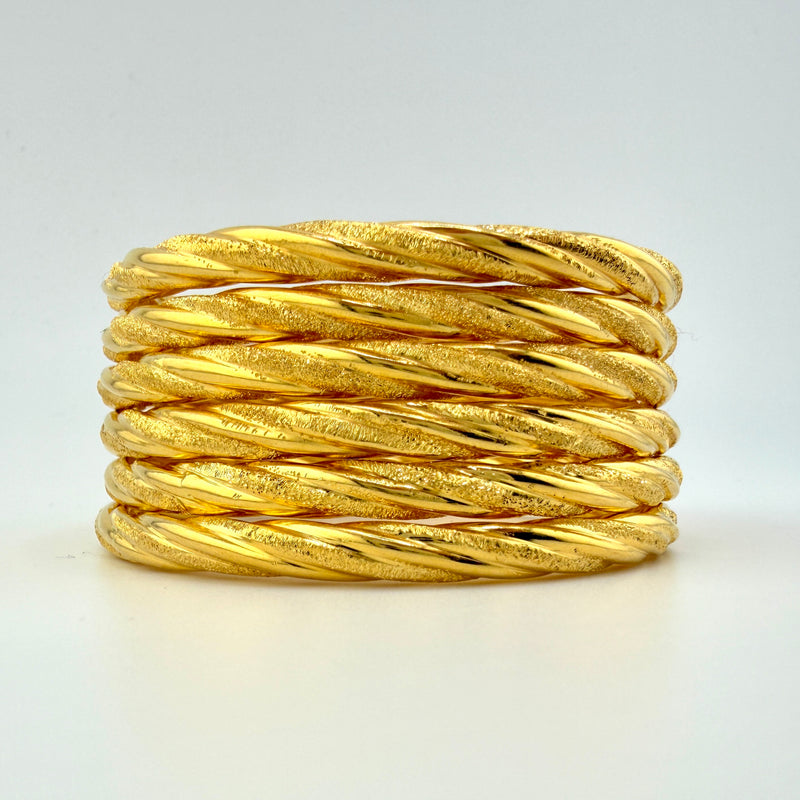 21K Yellow Gold Twist Bangles – Set of 6 | 79g | Size Small (Model