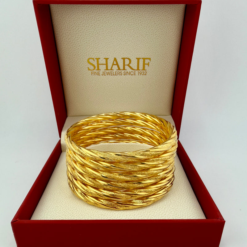 21K Yellow Gold Twist Bangles – Set of 6 | 79g | Size Small (Model