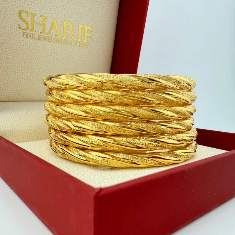21K Yellow Gold Twist Bangles – Set of 6 | 79g | Size Small (Model